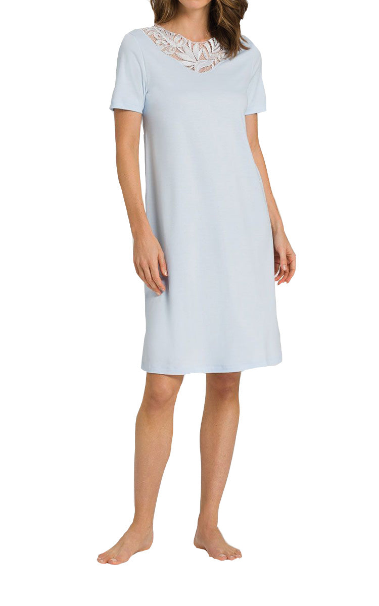 woman wearing hanro summer nightgown in glacier blue