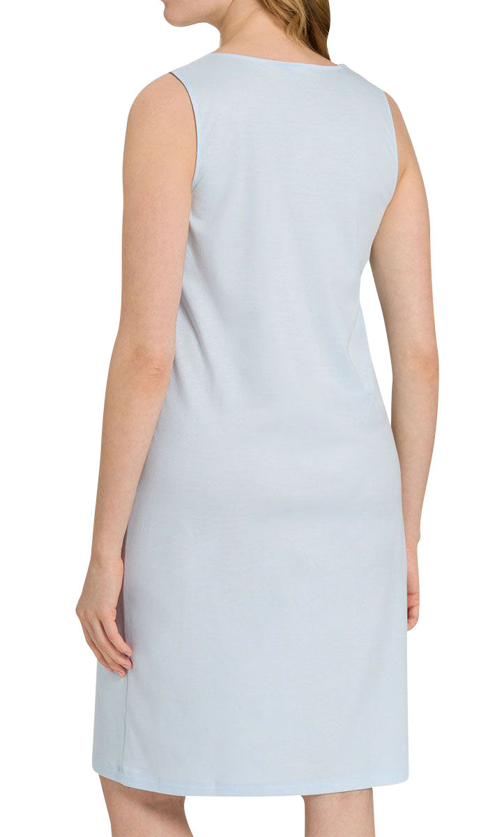 woman wearing hanro summer nightgown in glacier blue