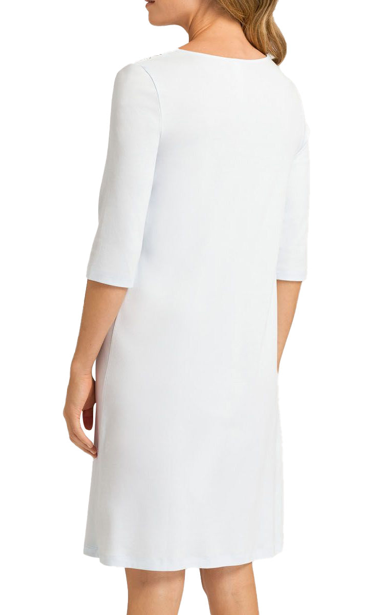 Hanro 100% Cotton Nightgown with 3/4 Sleeve in Cool Blue Moments 7931
