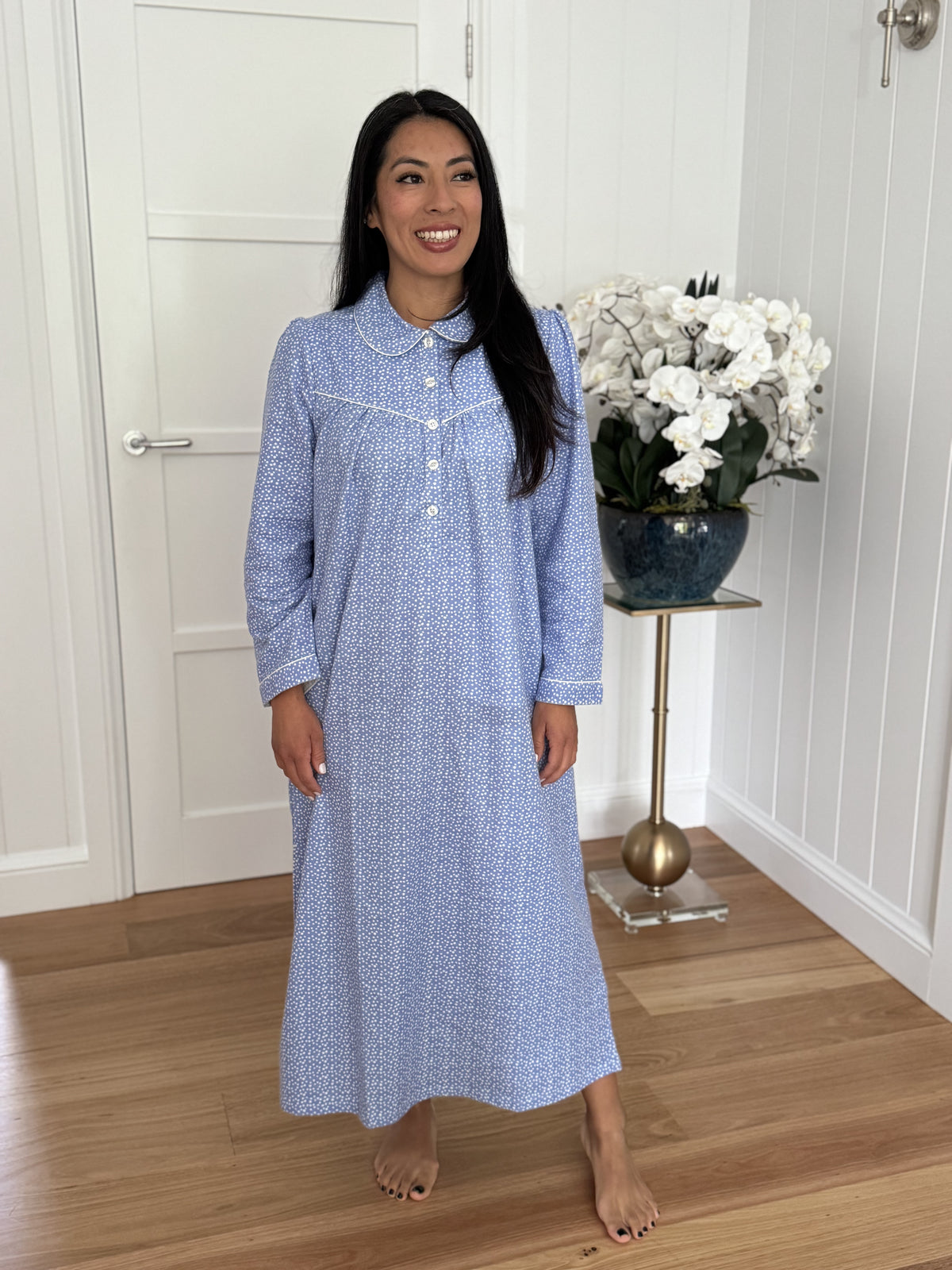 Schrank 100% Cotton Flannelette Nightgown With Collar In Chambray Blue SK612S