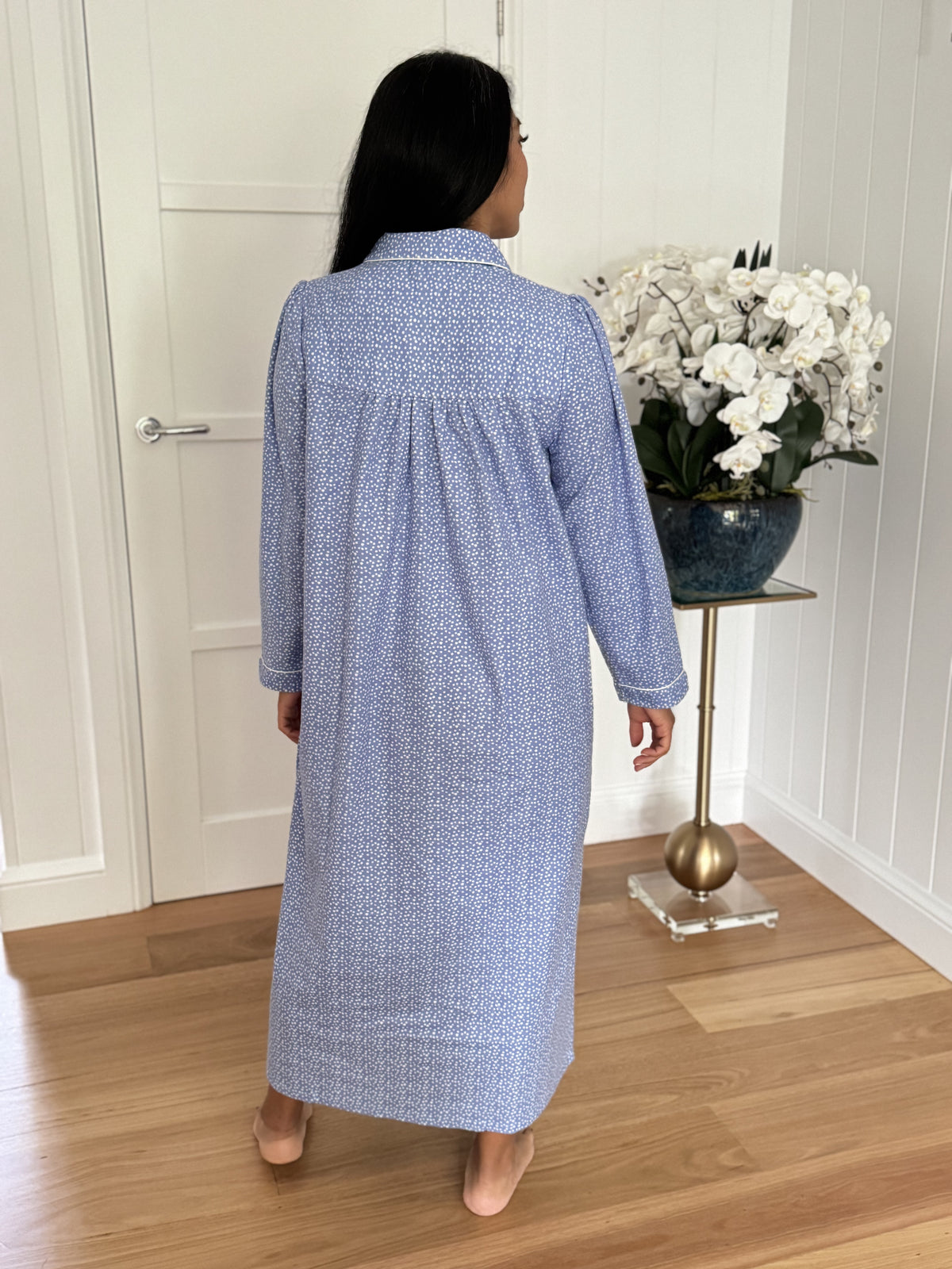 Schrank 100% Cotton Flannelette Nightgown With Collar In Chambray Blue SK612S