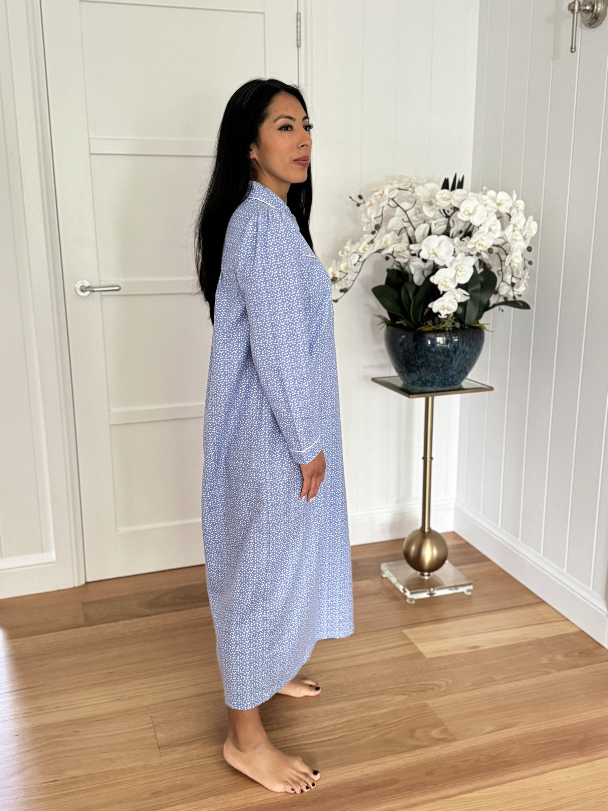 Schrank 100% Cotton Flannelette Nightgown With Collar In Chambray Blue SK612S