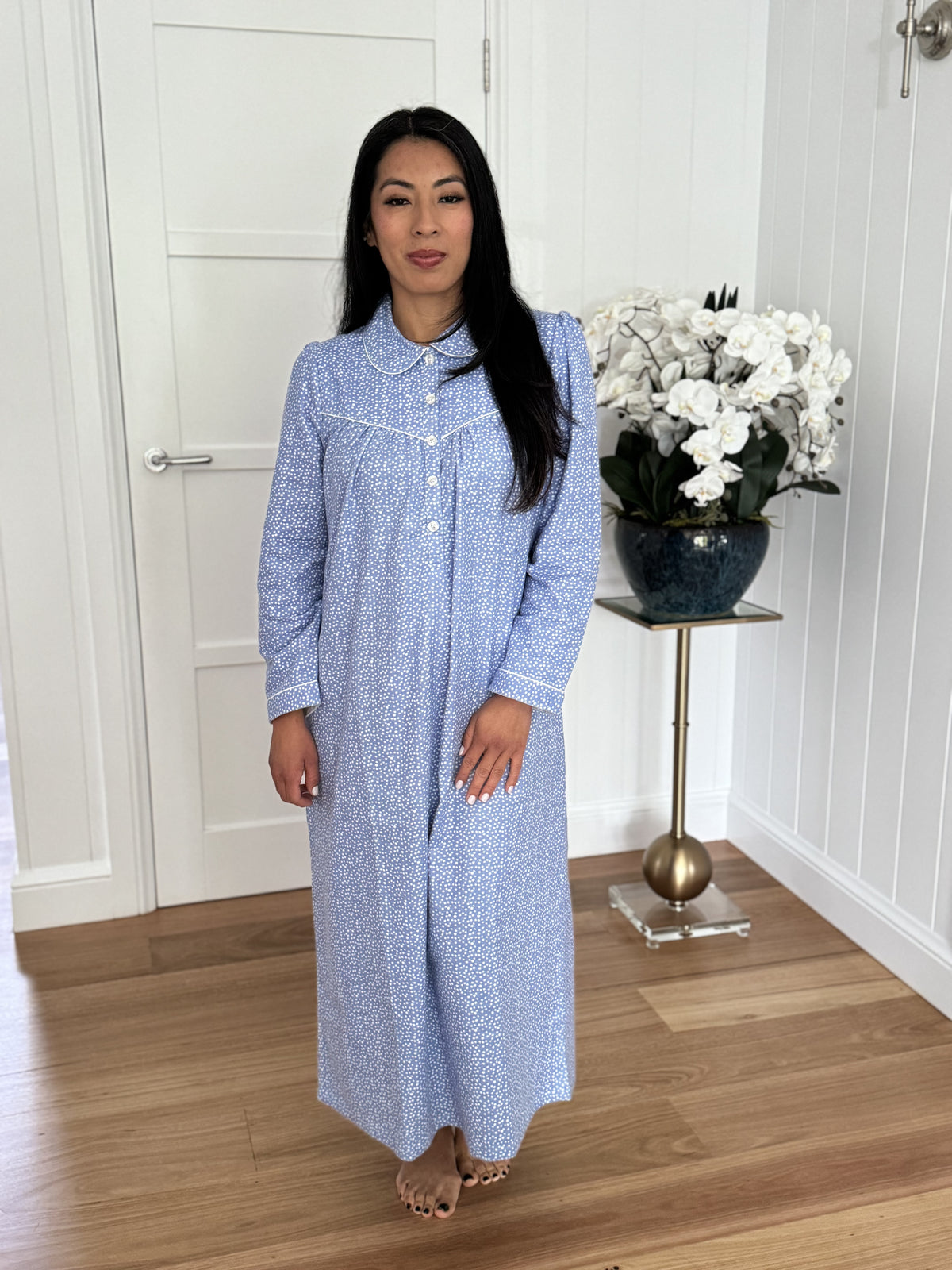 Schrank 100% Cotton Flannelette Nightgown With Collar In Chambray Blue SK612S