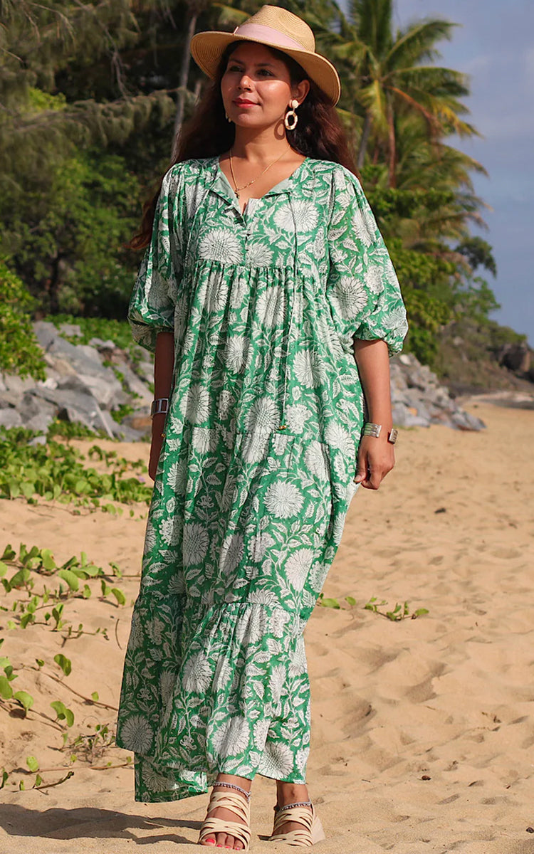 Cotton maxi Sundress Australia from River Goddess in Emerald floral print