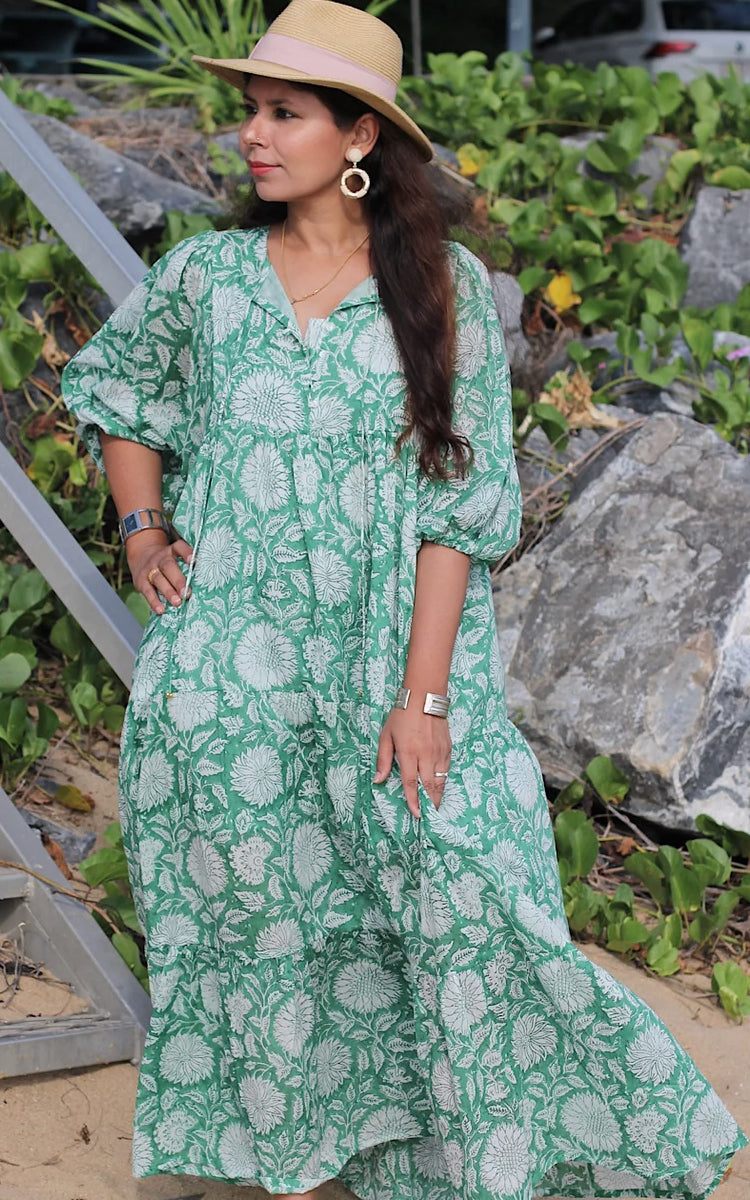 Cotton maxi Sundress Australia from River Goddess in Emerald floral print