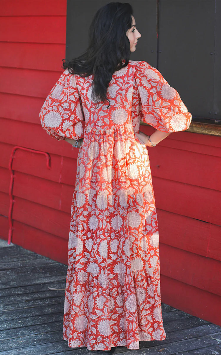 Cotton maxi Sundress Australia from River Goddess in Neera Rust Sunflower floral print