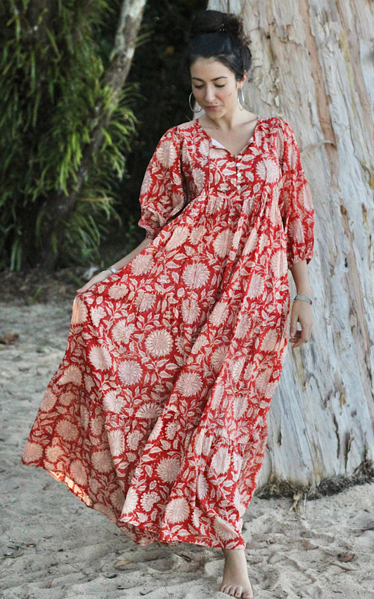 Cotton maxi Sundress Australia from River Goddess in Neera Rust Sunflower floral print