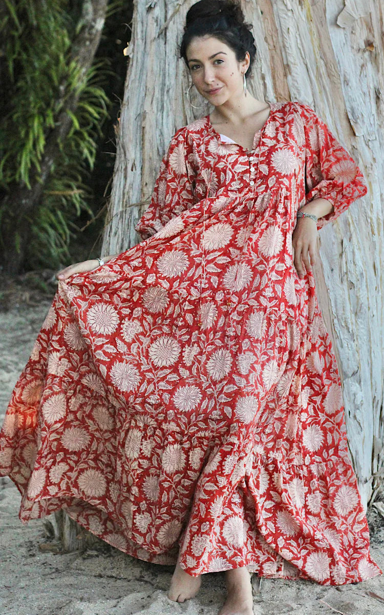 Cotton maxi Sundress Australia from River Goddess in Neera Rust Sunflower floral print