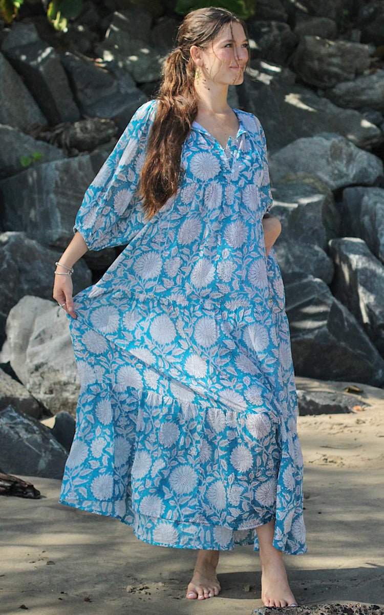 Cotton maxi Sundress Australia from River Goddess in Sky Sunflower floral print