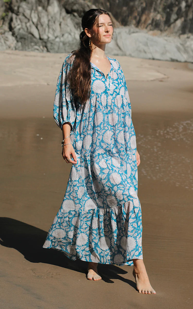Cotton maxi Sundress Australia from River Goddess in Sky Sunflower floral print