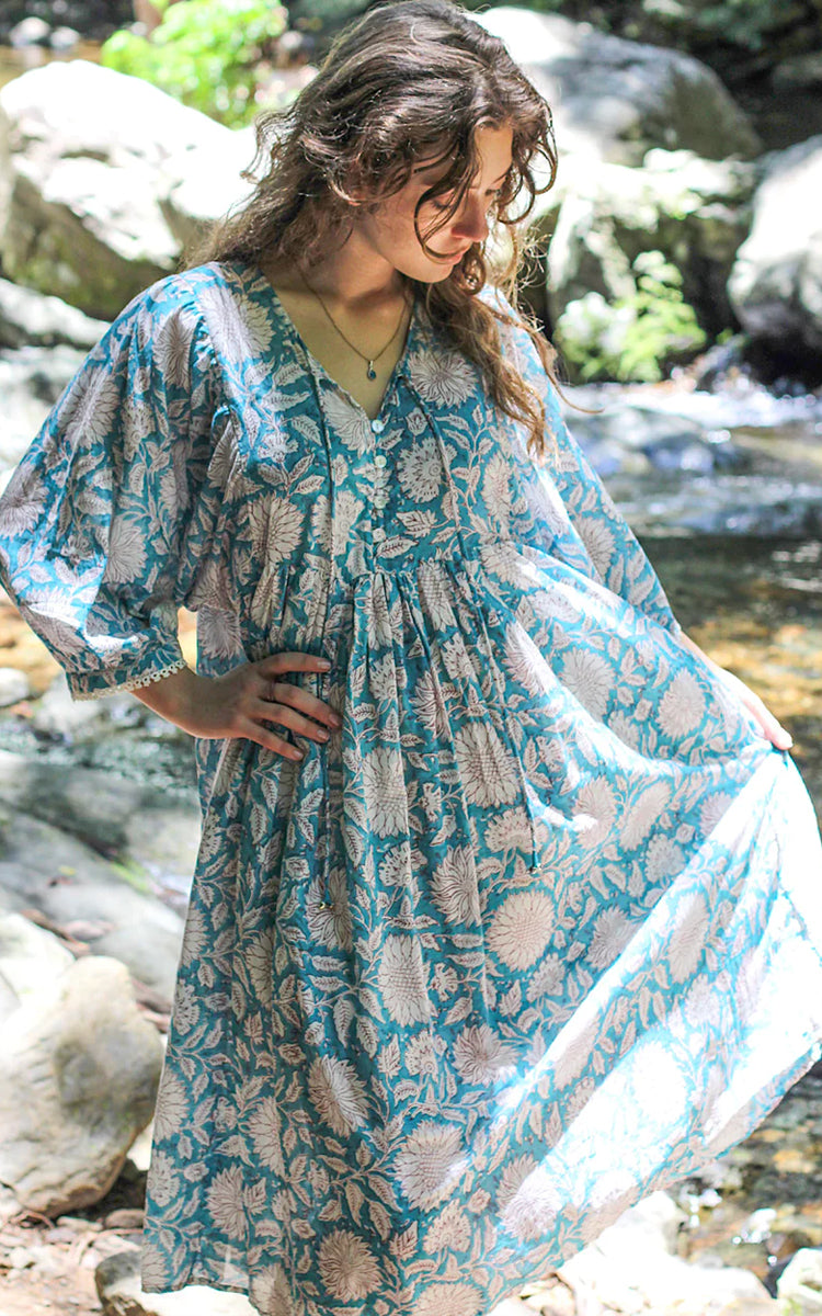 Cotton midi Sundress Australia from River Goddess in sky Sunflower floral print