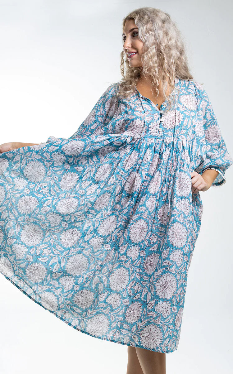 Cotton midi Sundress Australia from River Goddess in sky Sunflower floral print