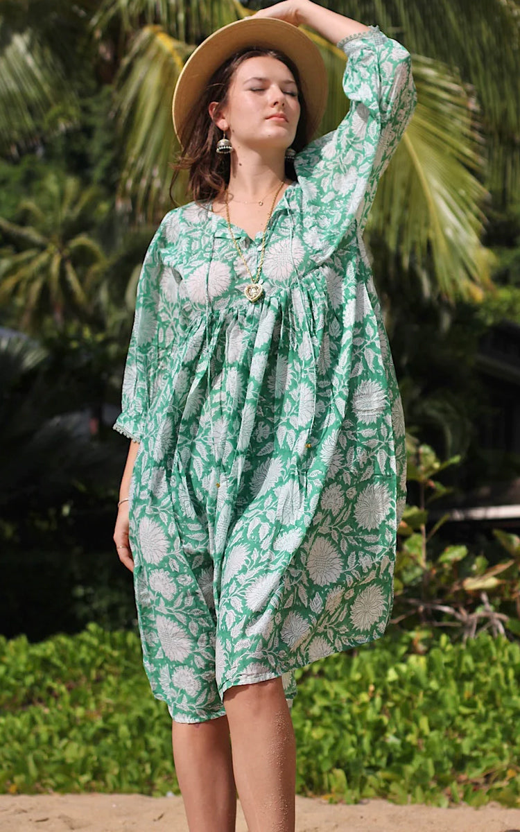 Cotton midi Sundress Australia from River Goddess in emerald floral print