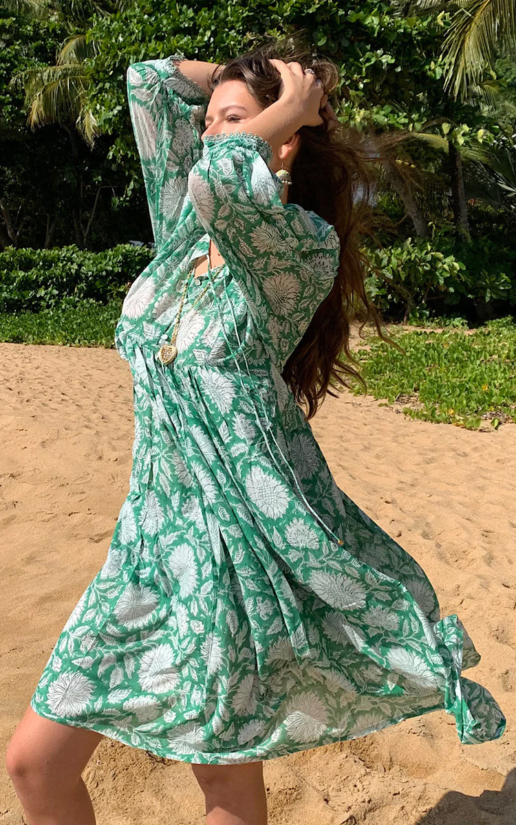 Cotton midi Sundress Australia from River Goddess in emerald floral print