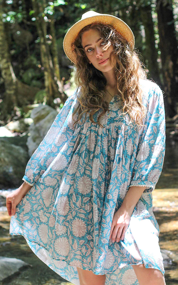 Cotton short Sundress Australia from River Goddess in sky blue floral print