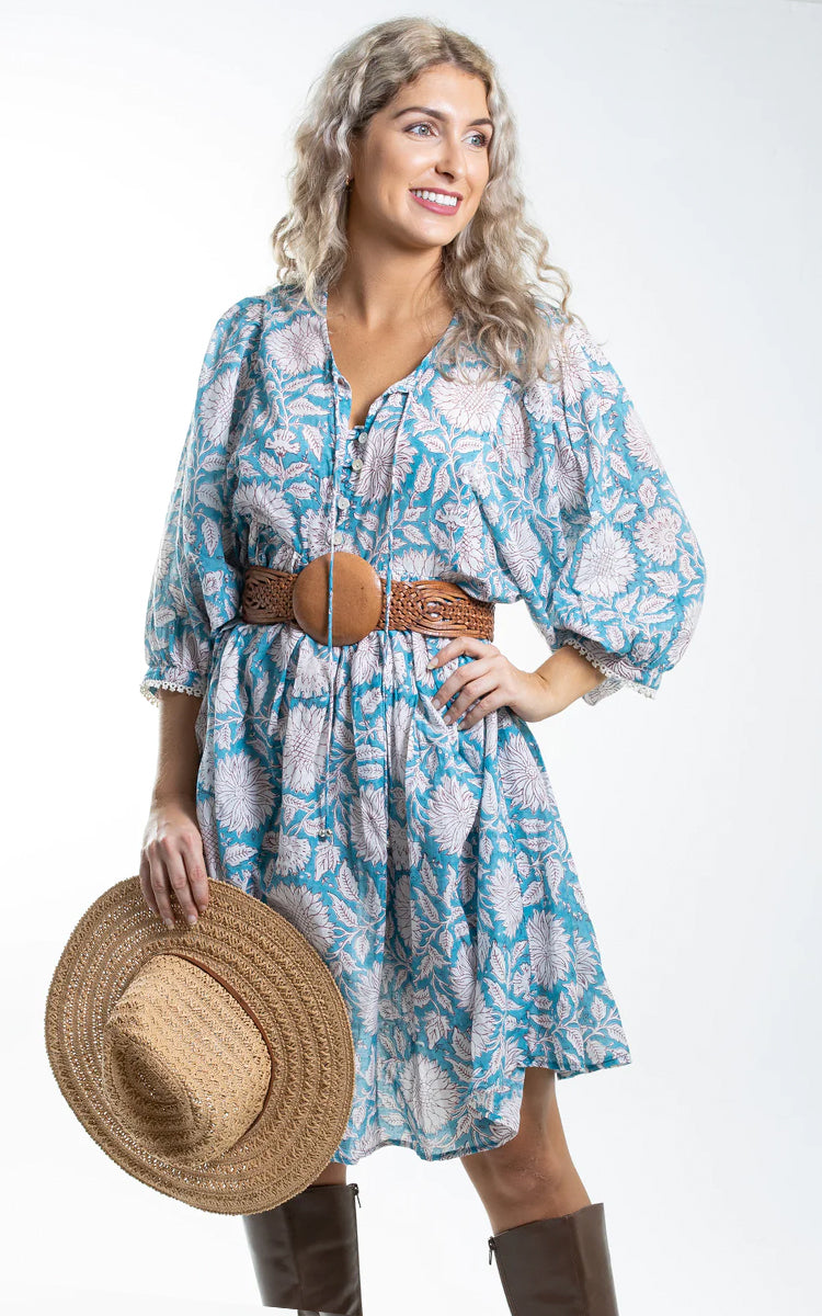 Cotton short Sundress Australia from River Goddess in sky blue floral print