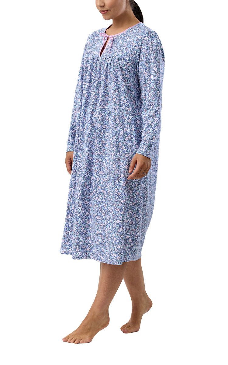 Schrank 100% Cotton Jersey Nightgown with Long Sleeve in Denim Flowerette print SK202F5