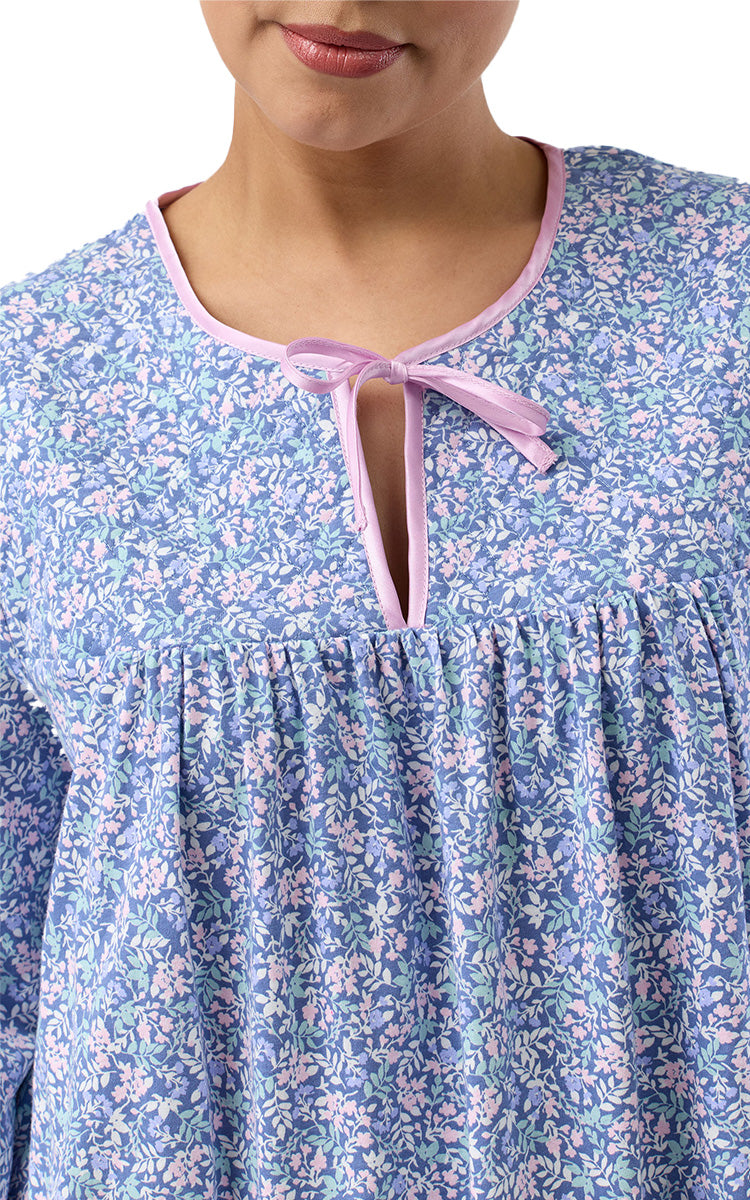 Schrank 100% Cotton Jersey Nightgown with Long Sleeve in Denim Flowerette print SK202F5