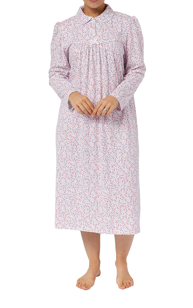 Schrank Polycotton Jersey Embroidered Nightgown With Collar In Pink Ditsy Floral SK227D