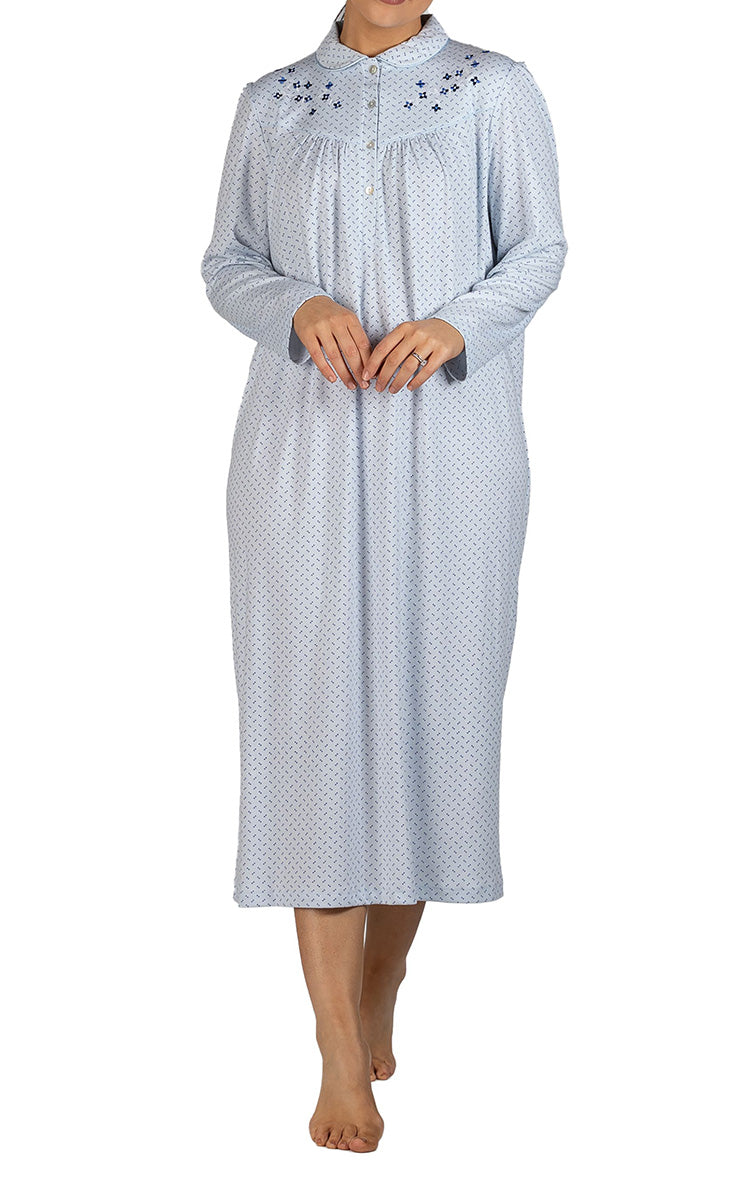 Schrank Polycotton Jersey Embroidered Nightgown With Collar In Blue SK235S