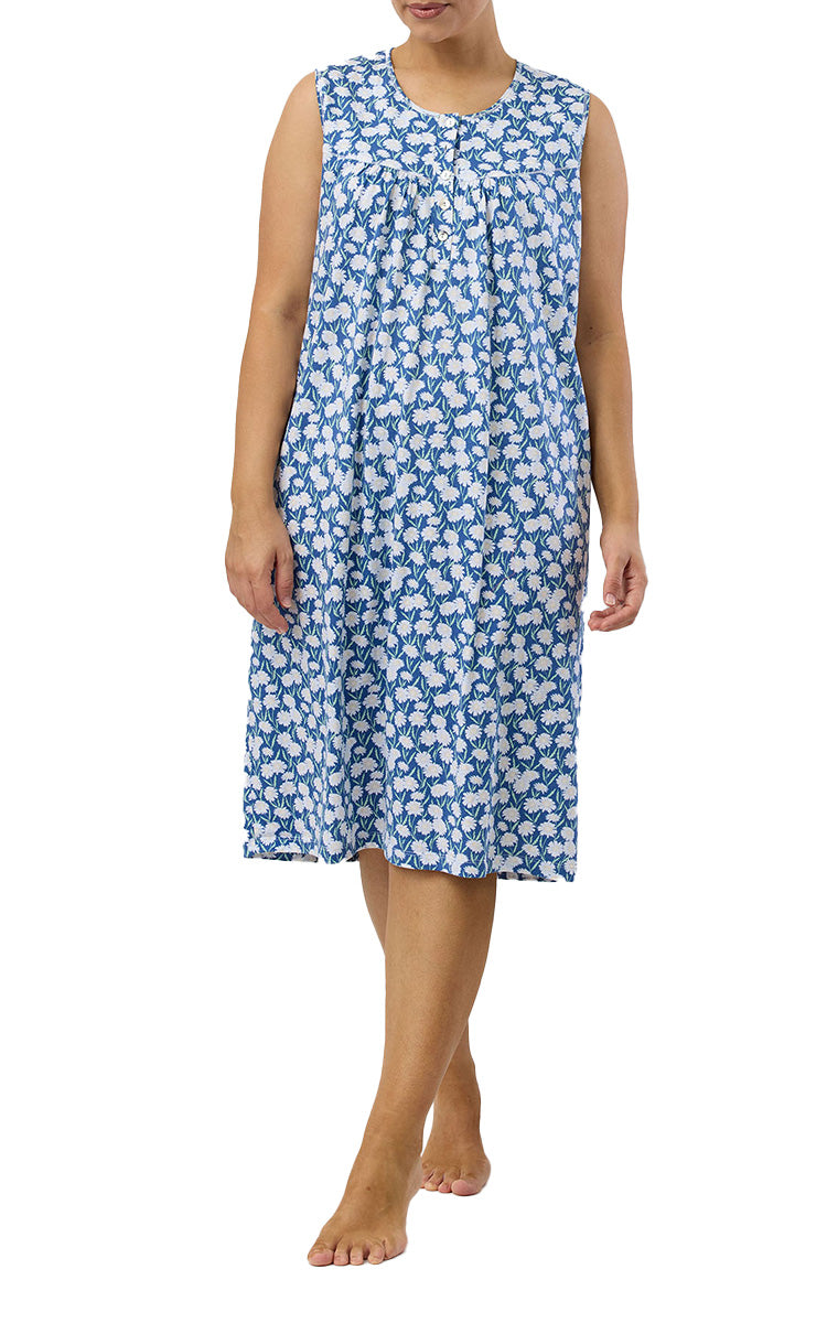 Schrank 100% Cotton Jersey Nightgown Sleeveless in Denim Daisy SK418D