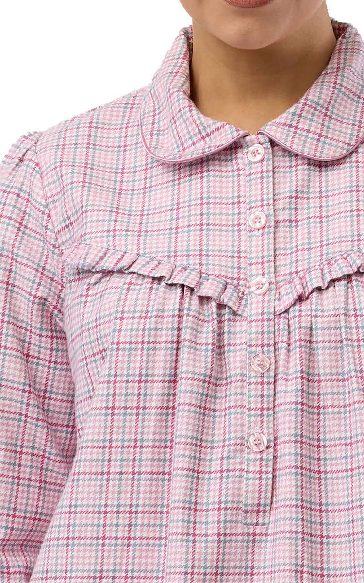 Schrank 100% Cotton Flannelette Nightgown With Collar In Pink Houndstooth SK618H5