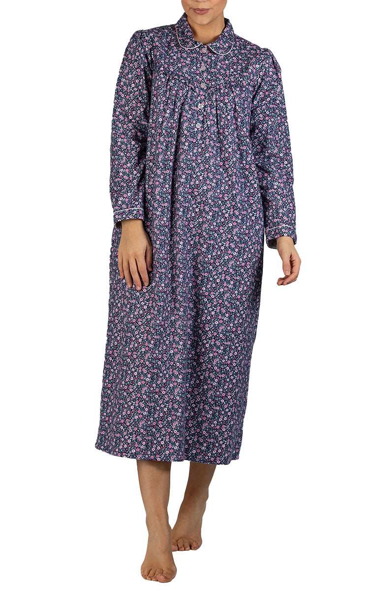 Woman modeling flannelette winter nightgown for females which is on sale at natureswear.com