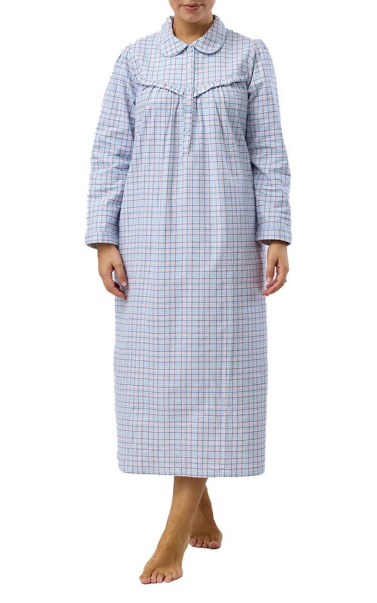 Schrank 100% Cotton Flannelette Nightgown With Collar In Blue Houndstooth SK618H5