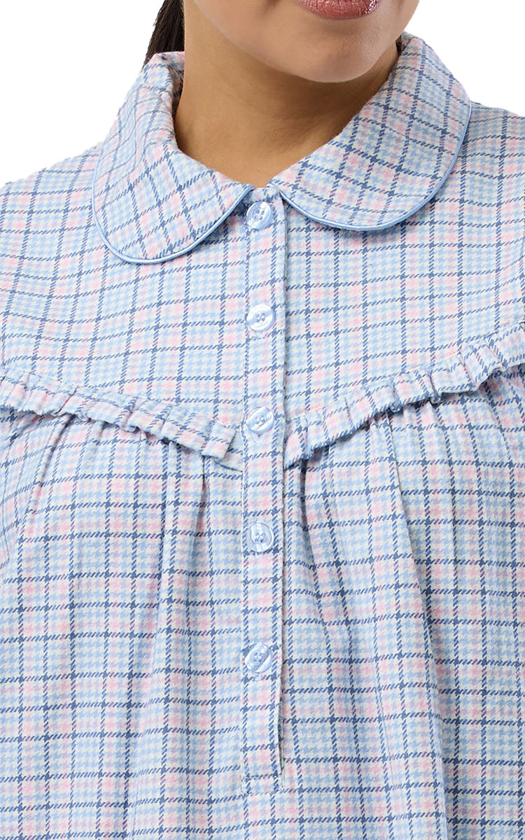 Schrank 100% Cotton Flannelette Nightgown With Collar In Blue Houndstooth SK618H5