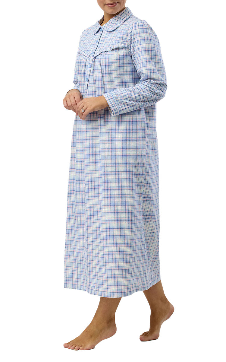 Schrank 100% Cotton Flannelette Nightgown With Collar In Blue Houndstooth SK618H5