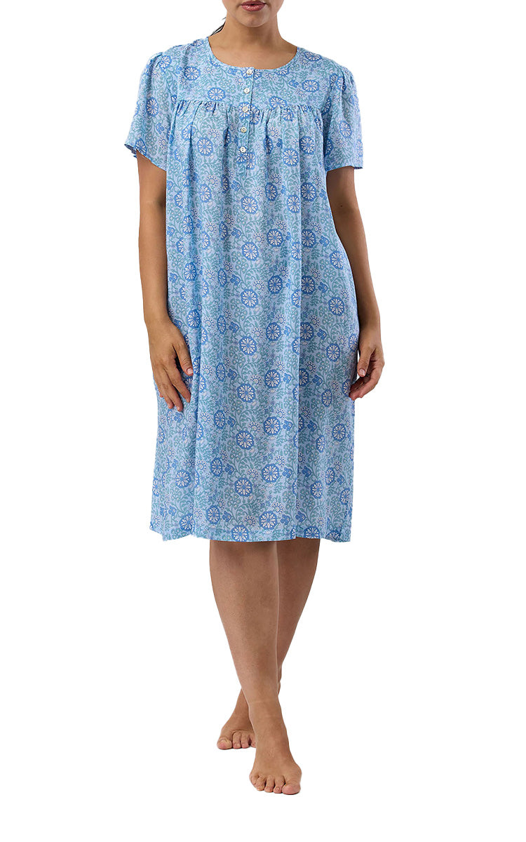Schrank 100% Lyocell Nightgown with Short Sleeve in Sky Blue Boho Print SK709B5