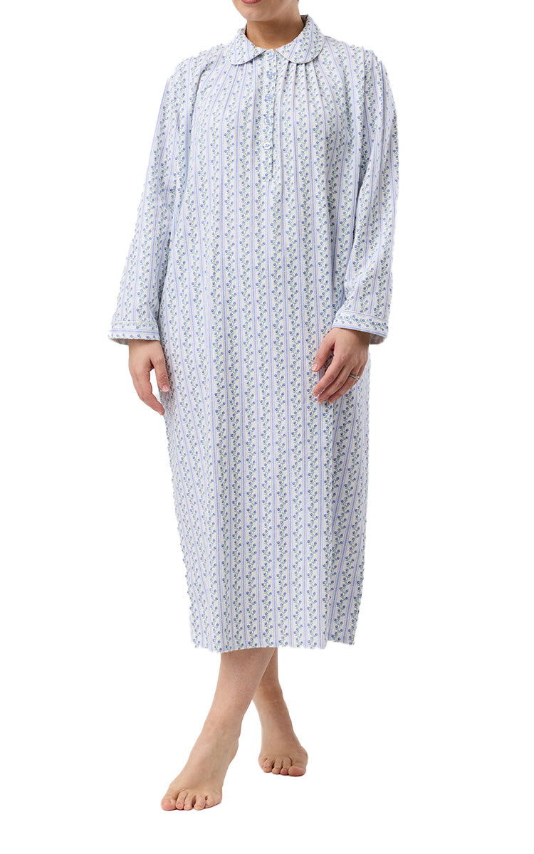 Schrank 100% Cotton Flannelette Nightgown With Collar In Blue Tulip Stripe SK629T6