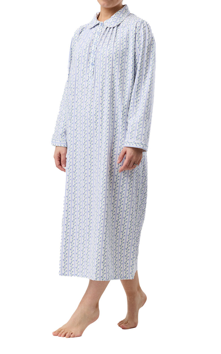 Schrank 100% Cotton Flannelette Nightgown With Collar In Blue Tulip Stripe SK629T6