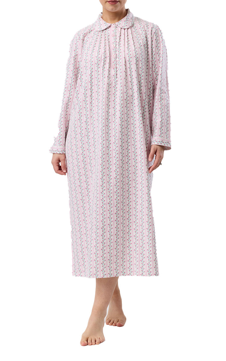 Schrank 100% Cotton Flannelette Nightgown with Long Sleeve and Collar In Pink Tulip Stripe SK629T6