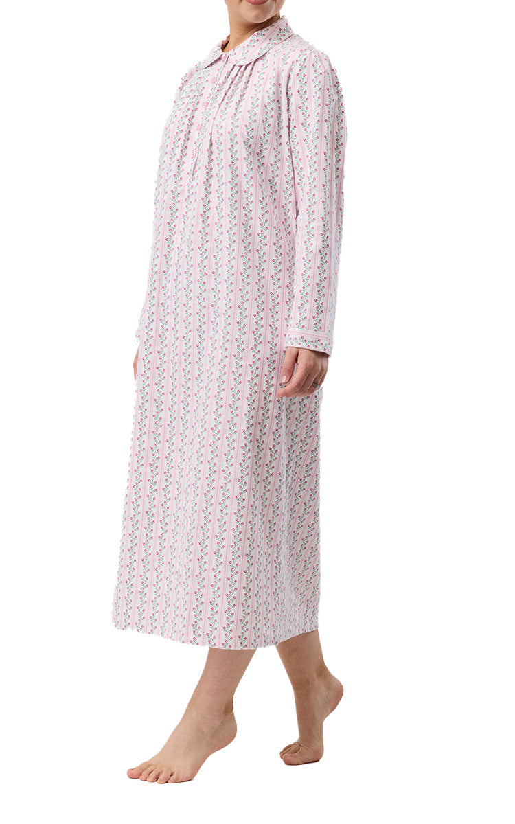 Schrank 100% Cotton Flannelette Nightgown with Long Sleeve and Collar In Pink Tulip Stripe SK629T6