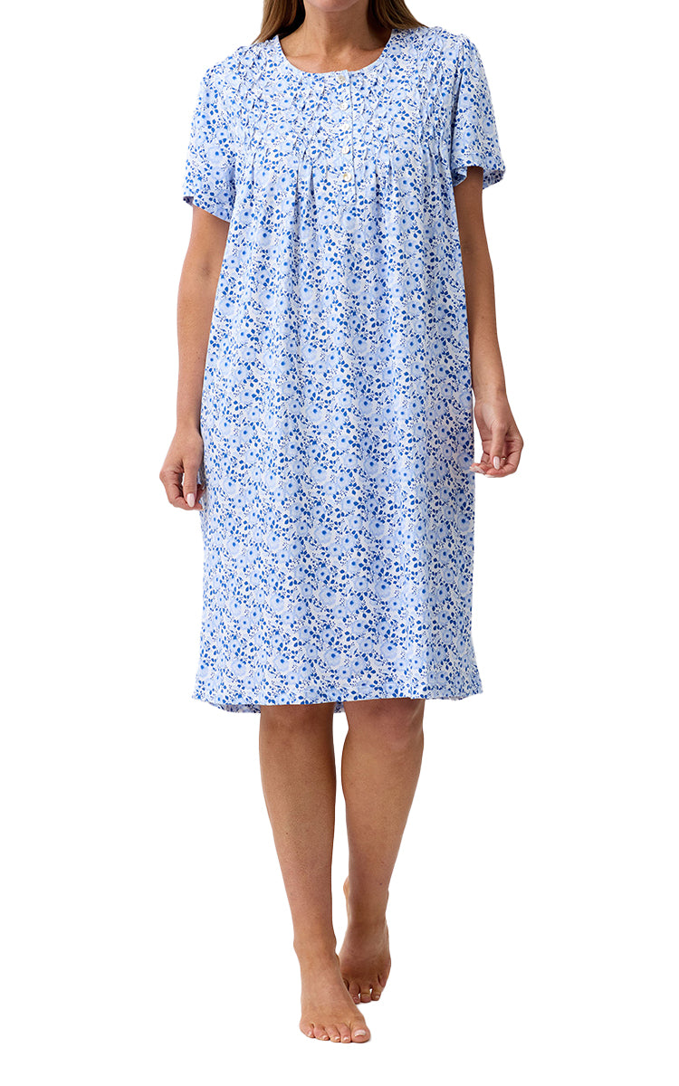 Schrank 100% Cotton Jersey Nightgown with Short Sleeve in Blue Camellia SK310C6