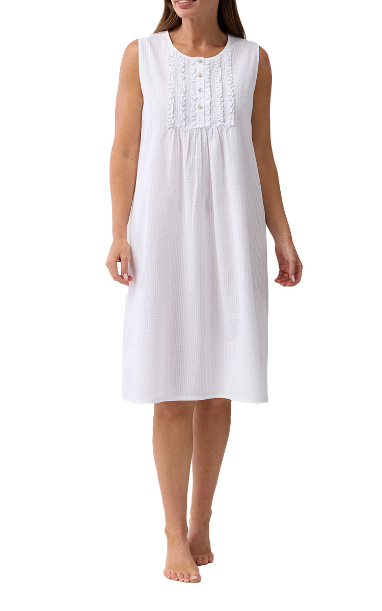 Schrank 100% Cotton Seersucker Sleeveless Nightgown in White SK807W6