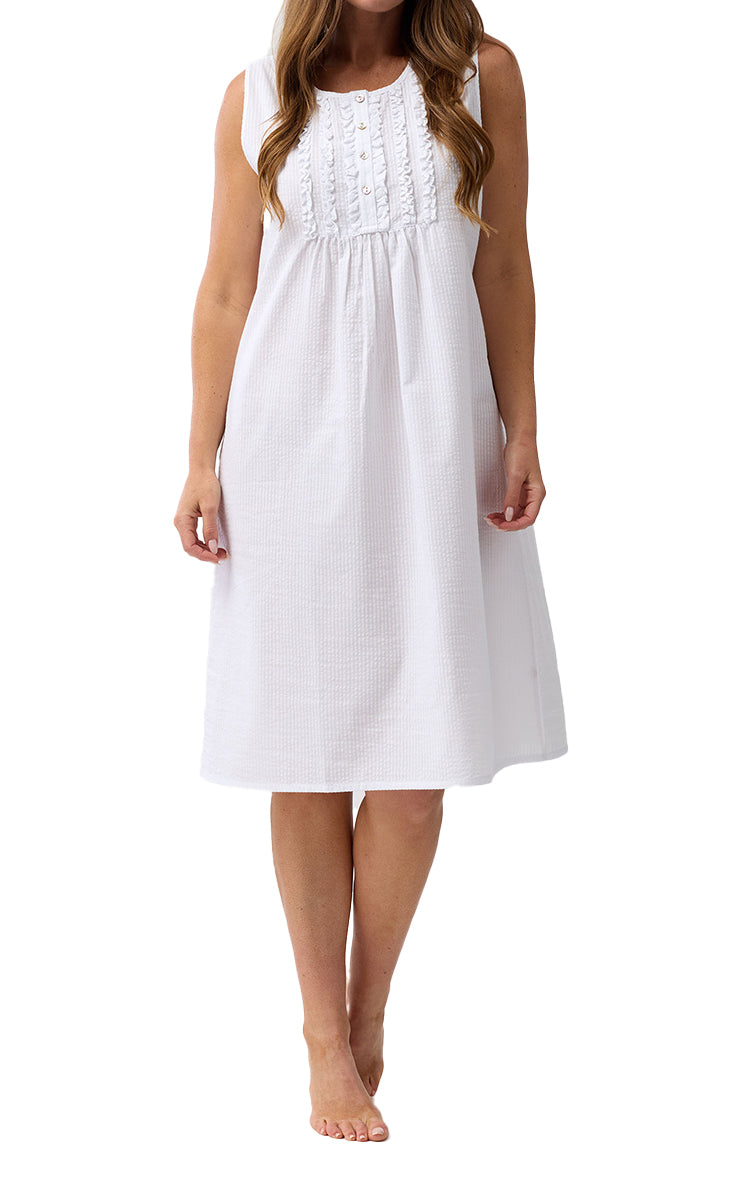 Schrank 100% Cotton Seersucker Sleeveless Nightgown in White SK807W6