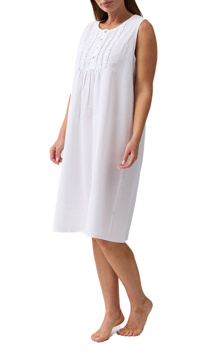Schrank 100% Cotton Seersucker Sleeveless Nightgown in White SK807W6
