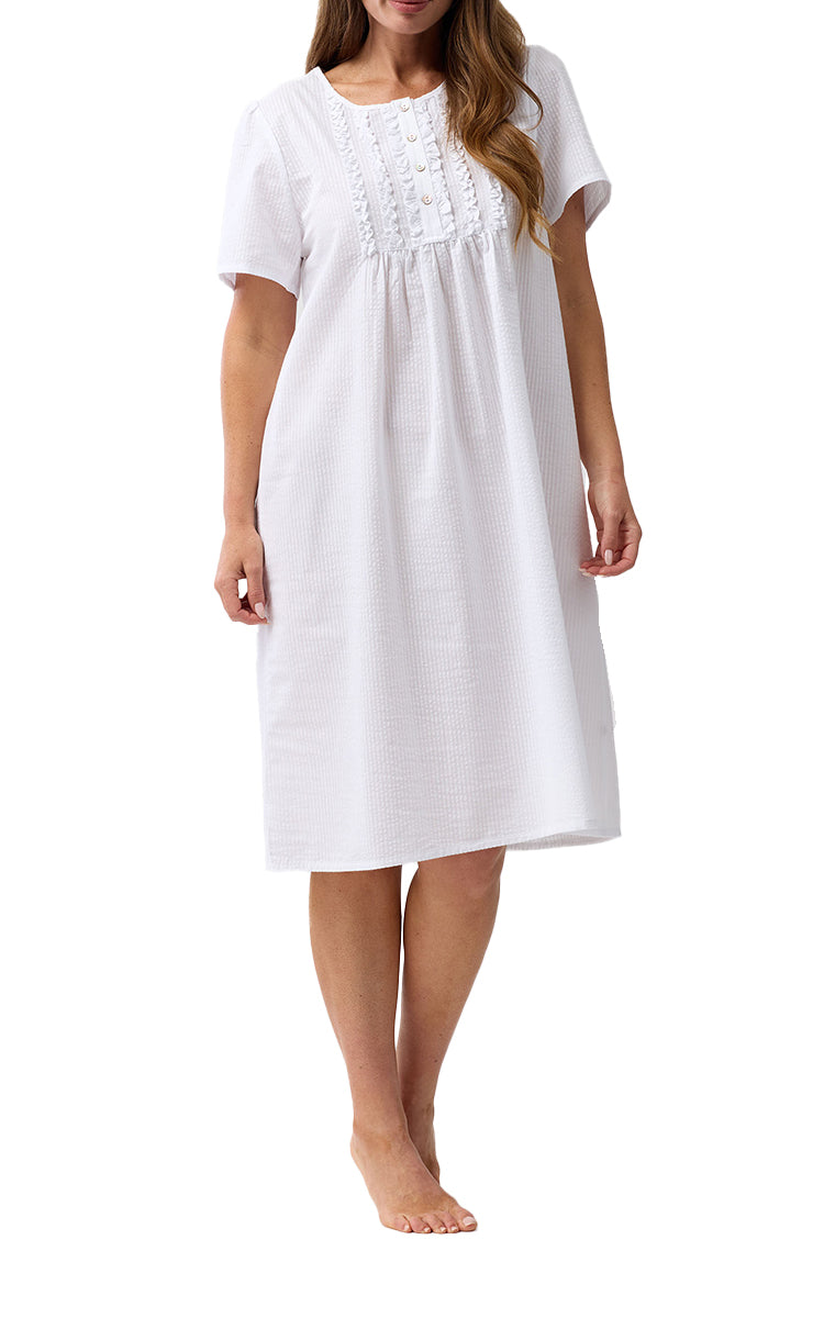 Schrank 100% Cotton Seersucker Short Sleeve Nightgown White SK707W6