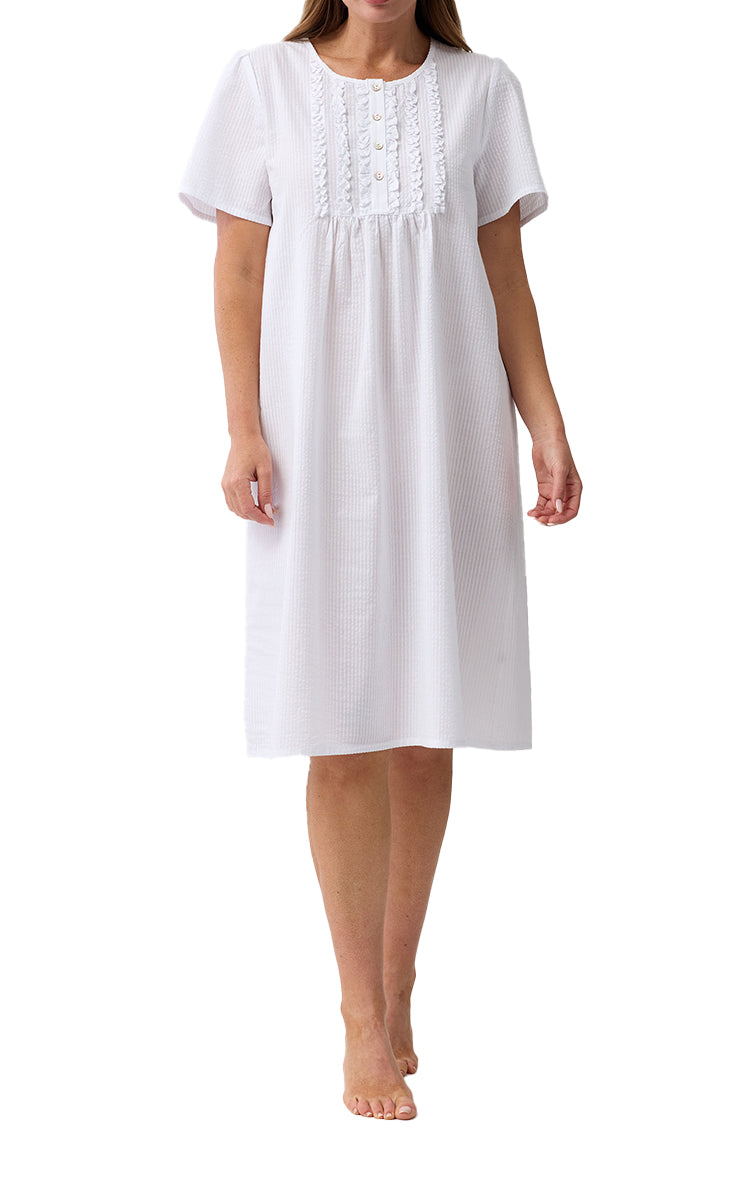 Schrank 100% Cotton Seersucker Short Sleeve Nightgown White SK707W6