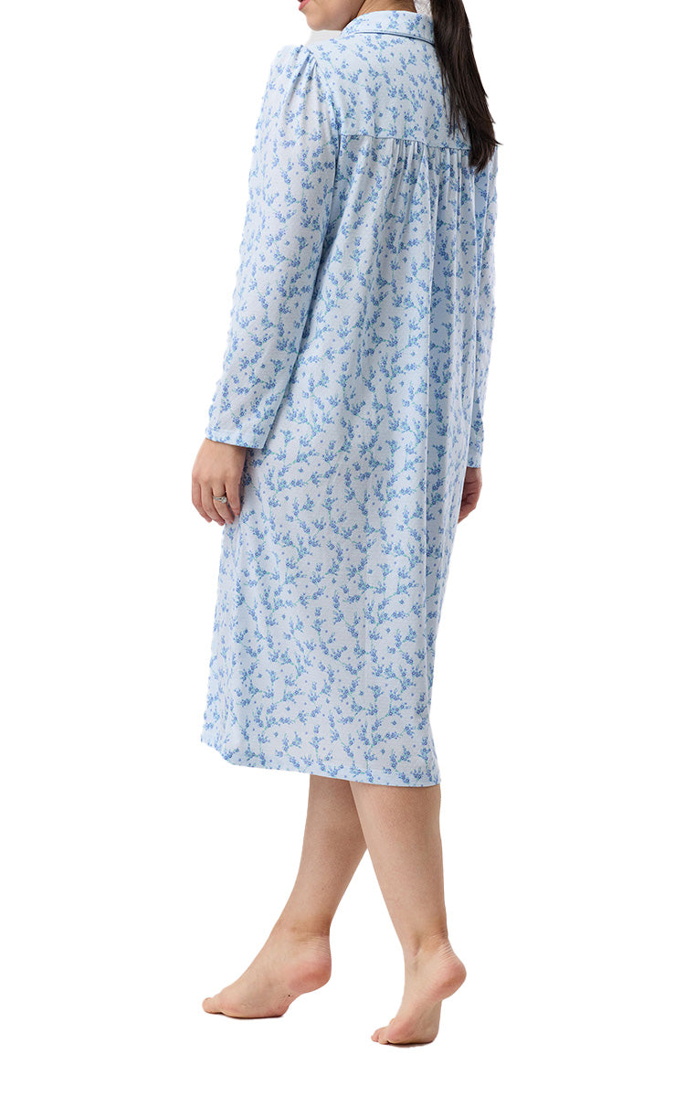 Schrank Polycotton Jersey Embroidered Nightgown With Collar In Blue Jasmine Floral SK251J6