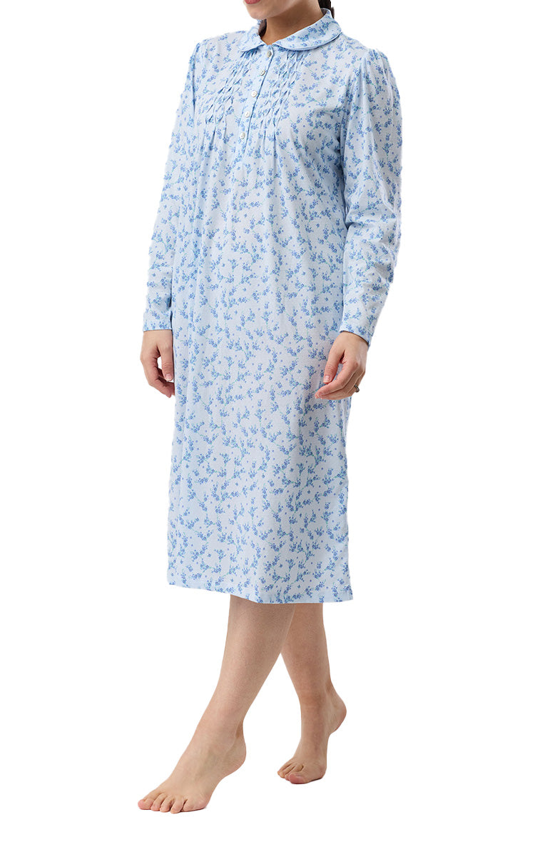 Schrank Polycotton Jersey Embroidered Nightgown With Collar In Blue Jasmine Floral SK251J6