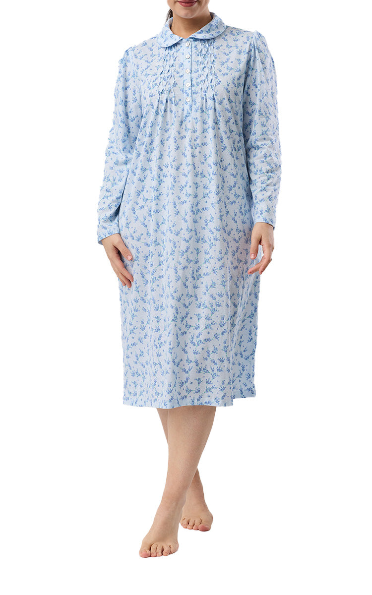 Schrank Polycotton Jersey Embroidered Nightgown With Collar In Blue Jasmine Floral SK251J6