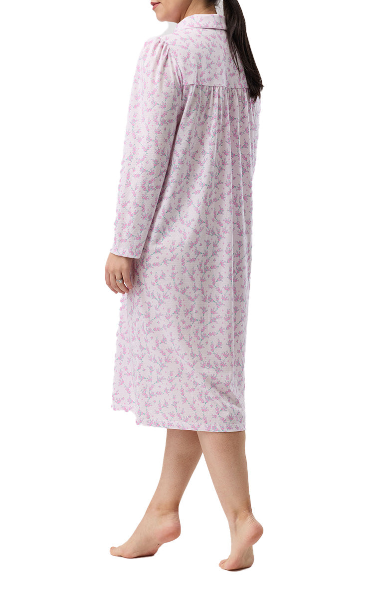 Schrank Polycotton Jersey Embroidered Nightgown With Collar In Pink Jasmine Floral SK251J6