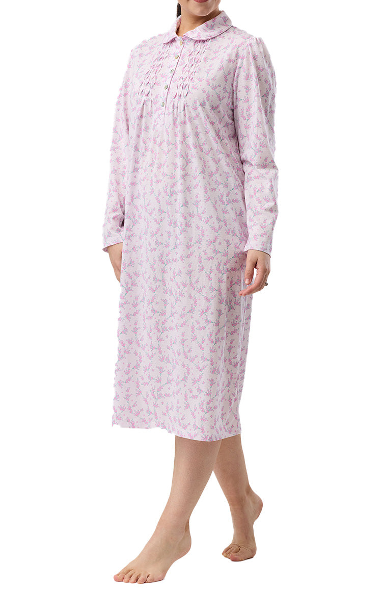 Schrank Polycotton Jersey Embroidered Nightgown With Collar In Pink Jasmine Floral SK251J6