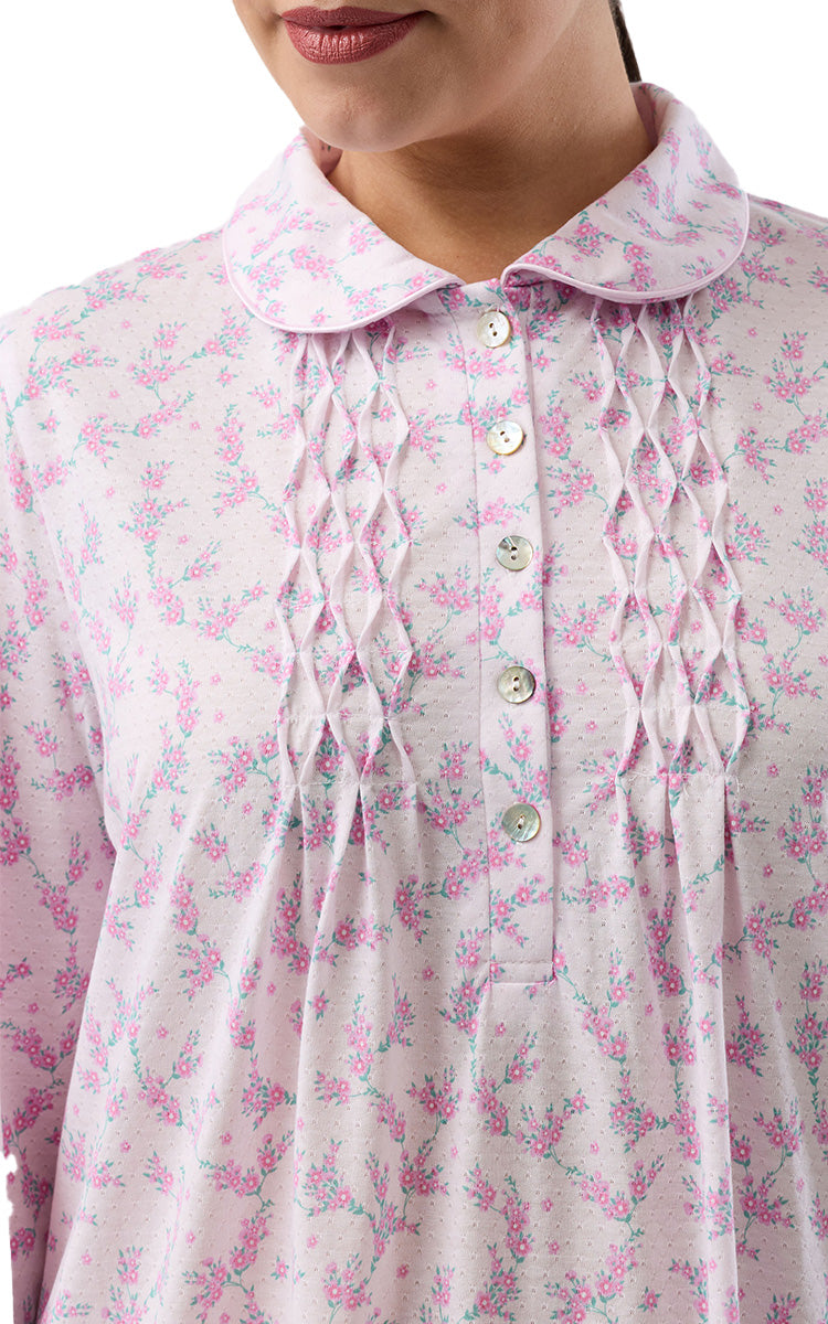 Schrank Polycotton Jersey Embroidered Nightgown With Collar In Pink Jasmine Floral SK251J6