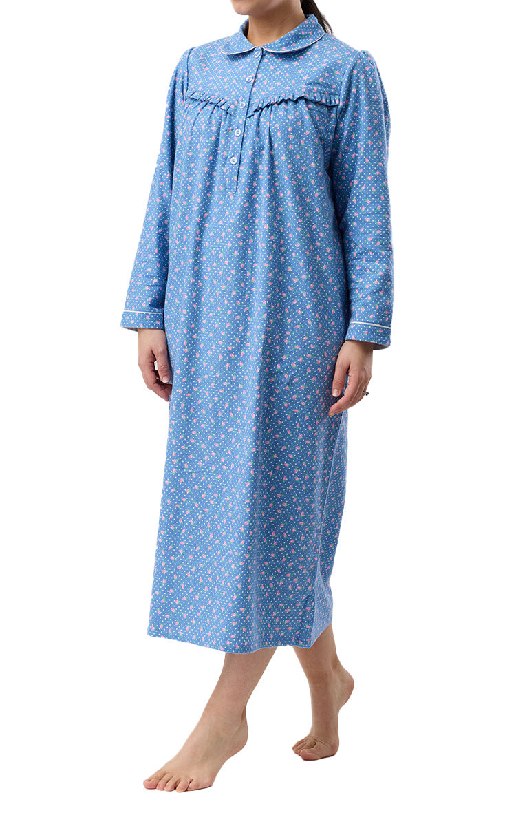 Schrank 100% Cotton Flannelette Nightgown With Long Sleeve and Collar In Denim Blue Rose Spot SK618R6