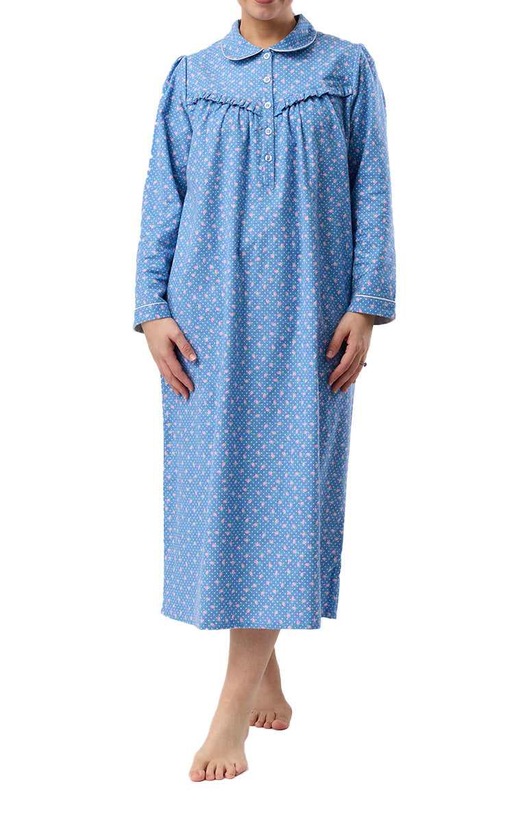 Schrank 100% Cotton Flannelette Nightgown With Long Sleeve and Collar In Denim Blue Rose Spot SK618R6