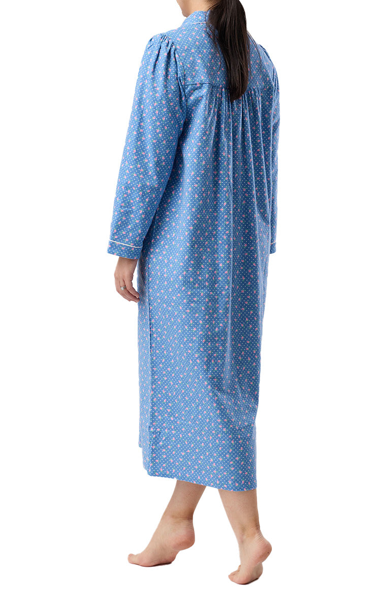 Schrank 100% Cotton Flannelette Nightgown With Long Sleeve and Collar In Denim Blue Rose Spot SK618R6